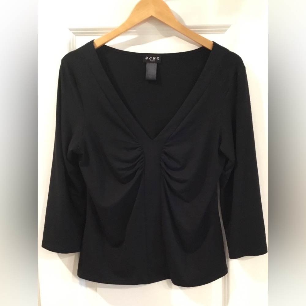 BCBG Stretch Knit 3/4 Sleeve Y-Neck Blouse